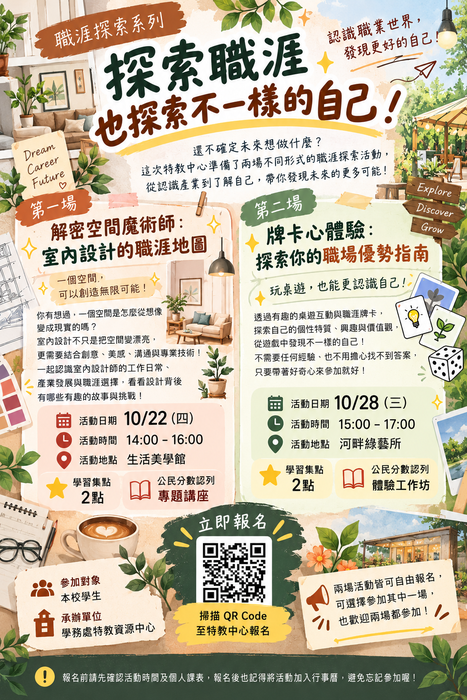 【校內活動】探索職涯，也探索不一樣的自己！兩場精彩活動開放報名中｜每場認列學習集點2點及公民分數！圖片