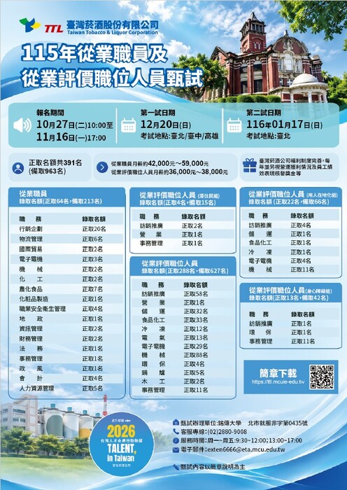 【來函公告】銘傳大學-檢送本校辦理臺灣菸酒股份有限公司115年從業職員及從業評價職位人員甄試招募資訊圖片